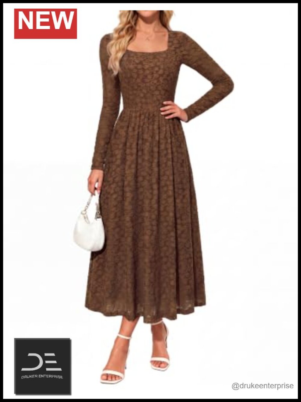 Women's Long Sleeve Midi Dress Square Neck A-Line Side Pockets Wedding Guest